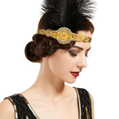 SWEETV 1920s Headpiece Flapper Headband, Feather Rhinestone Roaring 20s Great Gatsby Hair Accessories for Women,Yellow