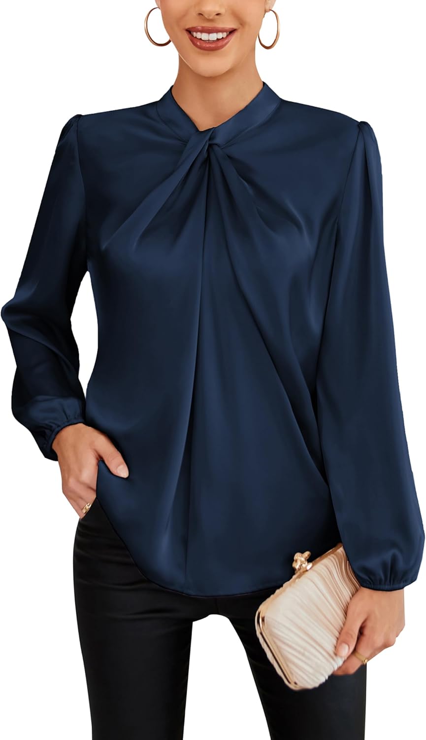 GRACE KARIN Women's Long Sleeve Shirts Mock Neck Casual Satin Blouse Tops for Business Office Work