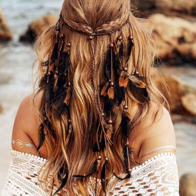 GORTIN Indian Feather Headbands Boho Peacock Feather Headband White Hippie Headpieces Gypsy Tassel Headdress for Women (Type AC)