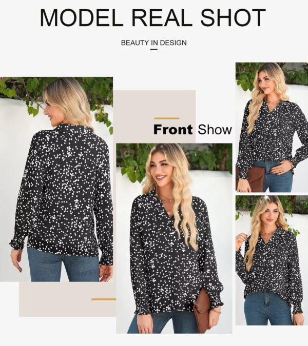 Astylish Women's 2025 Casual Polka Dot Blouses Long Sleeve V Neck Alicia Floral Print Collared Shirts Chiffon Bohemian Tops - Image 4