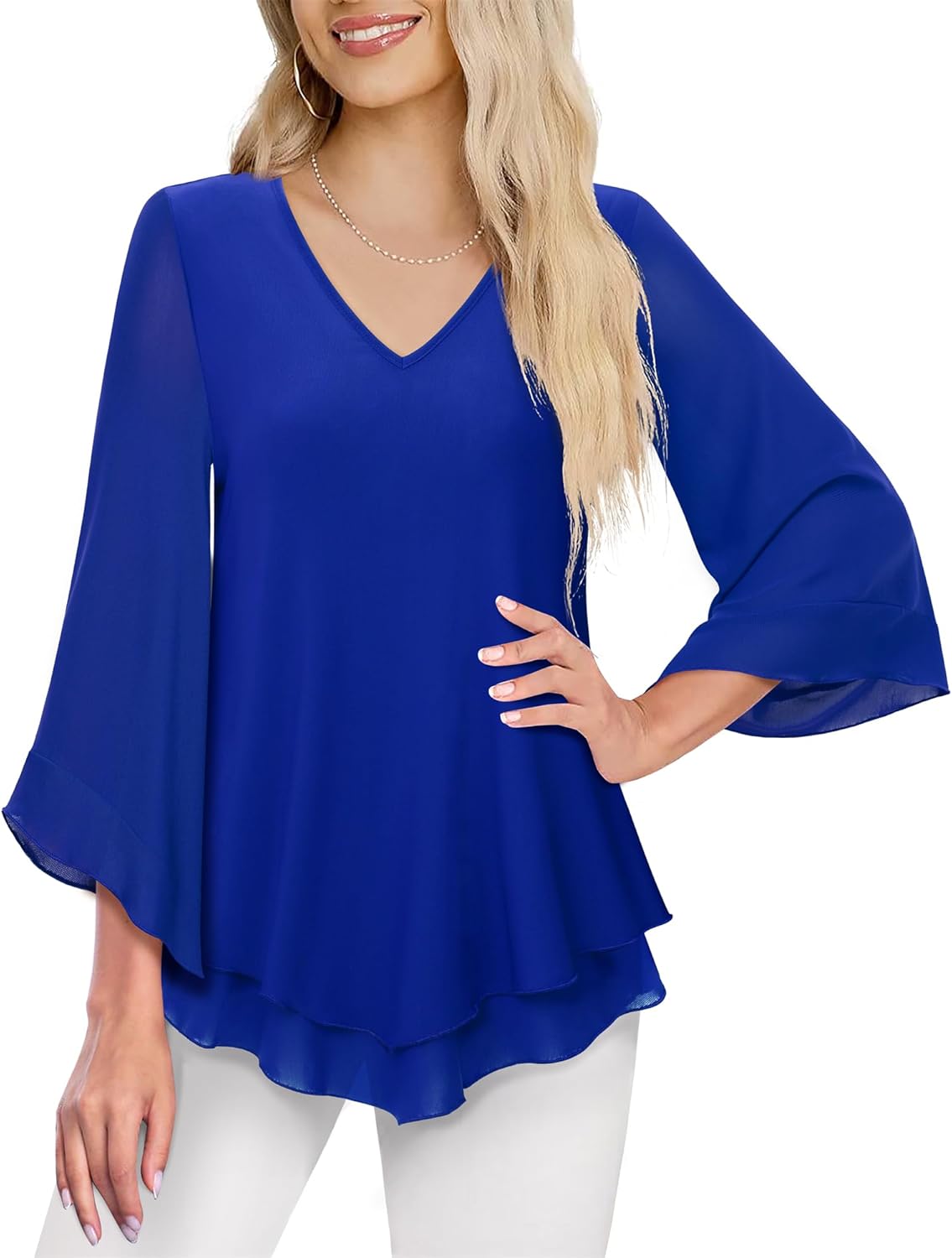 Lotusmile Womens Dressy Blouse Double Layers Mesh Shirt Ruffle 3/4 Flared Sleeve Tunic Tops - Image 2