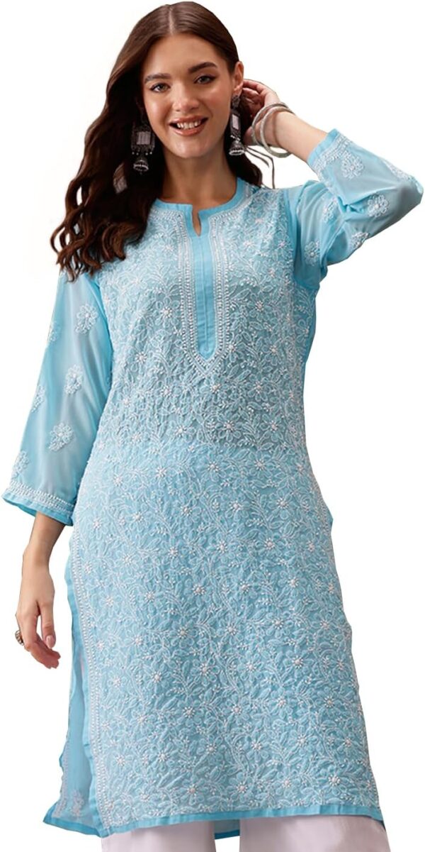 Ada Indian Hand Embroidered Chikankari Ethnic Wear Georgette Kurta Kurti Tunic for Women A95504