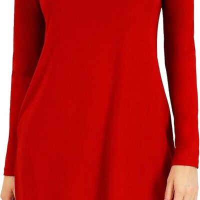 SeLouSuá Women's Long Sleeve Dress - Elegant Knit A-Line Dress with Boat Neck, Bracelet Sleeves, and Pockets