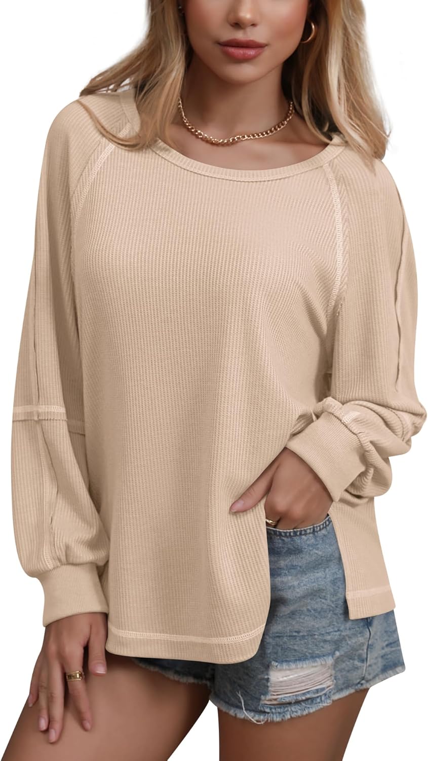 Womens Waffle Tunic Tops Puff Long Sleeve Shirt Loose Fit Casual Pullover Sweatshirt - Image 2