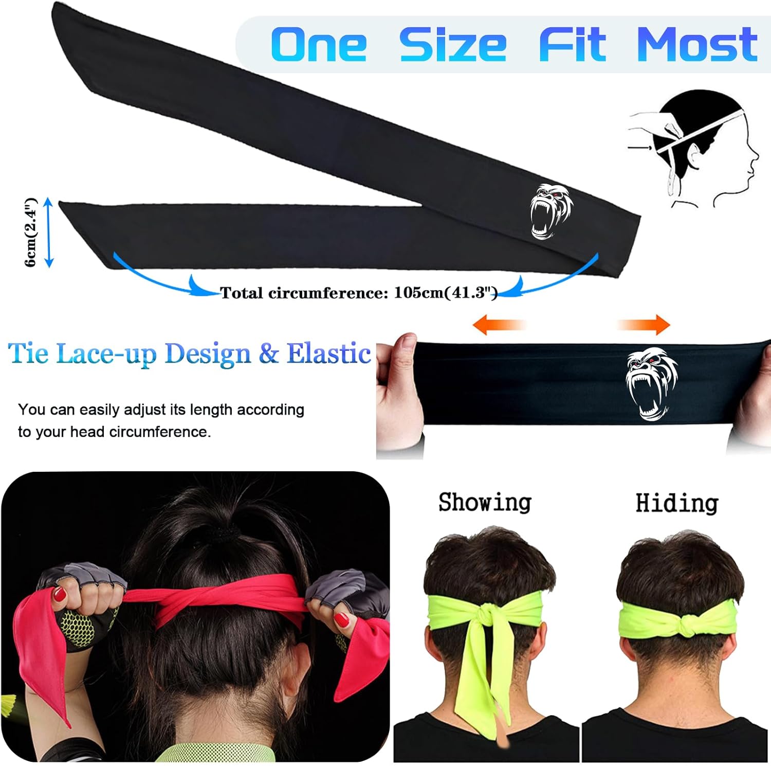 Head Tie Headband for Men Women,Sports Sweat Band Adjustable Ninja Headband Karate Sweatbands Hair Wrap Bands Tie Headbands for Running Tennis Basketball Soccer Athletic - Image 6