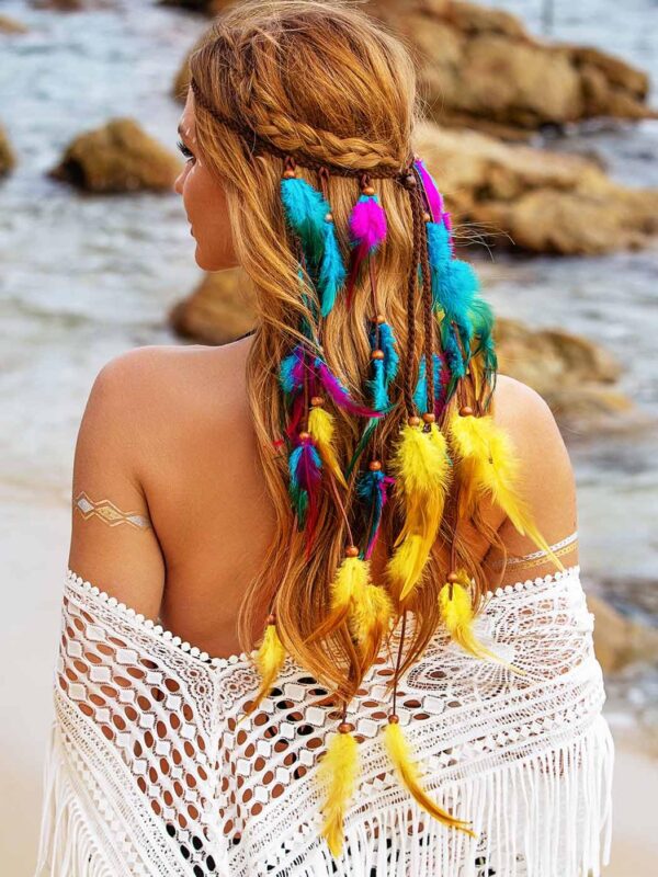 Boho Feather Headband Gypsy Headpiece Bohemian Hippie Headbands Indian Hair Band Long Feather Hair Accessories for Women (Pattern 3) - Image 3