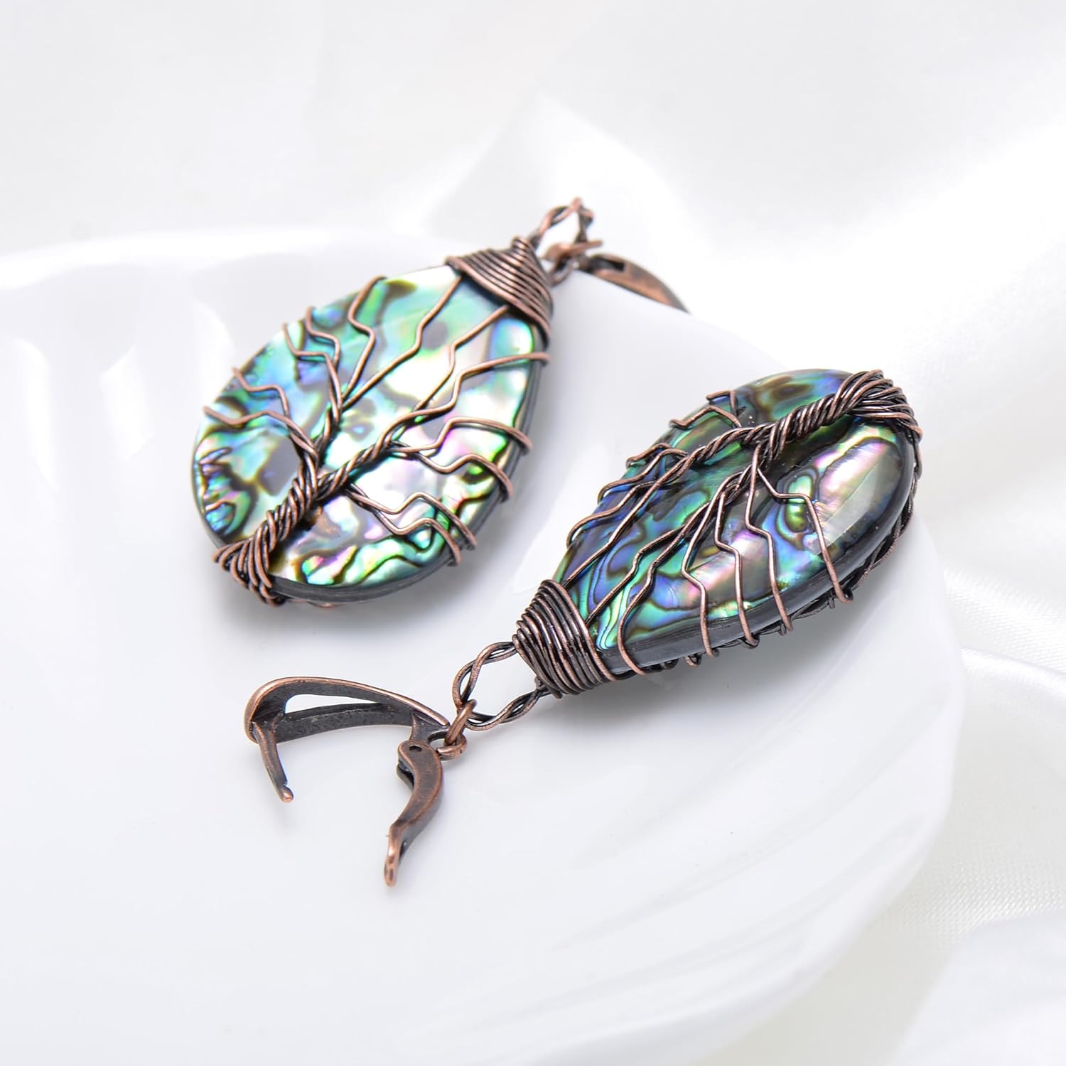Bronze Copper Wired Sea Abalone Shell Tree of Life Earrings for Women, Vintage Latch Backs - Image 4