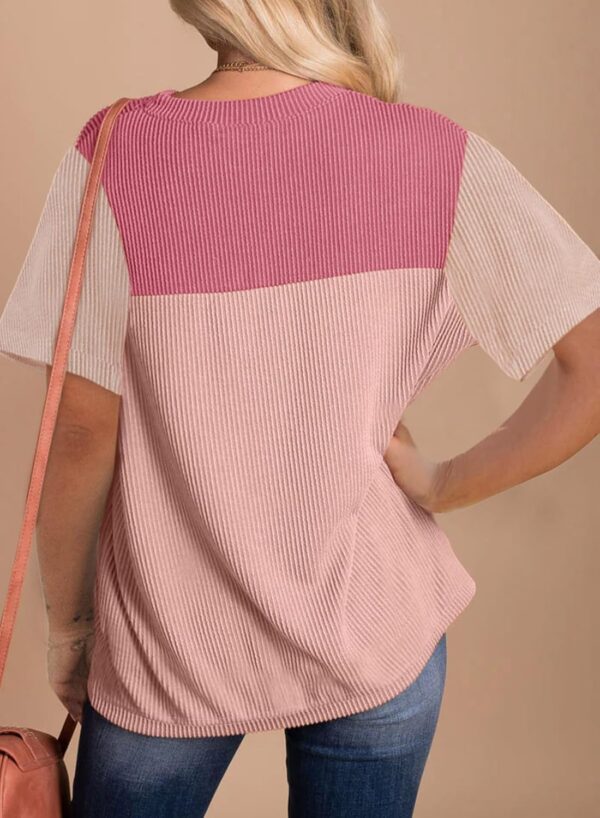 Zeagoo Womens Casual Shirts Color Block Tops Short Sleeve T Shirts Crewneck Knitted Summer Loose Blouses Tops - Image 5
