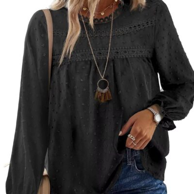 Womens Tops Long Ruffle Sleeve Shirts For Women Cute Crewneck Blouse Dressy Casual Swiss Dot Crochet Hollow Top 2025