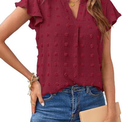 MEROKEETY Women 2025 Summer V Neck Ruffle Short Sleeve Blouse Swiss Dot Flowy Shirt Tunic Top