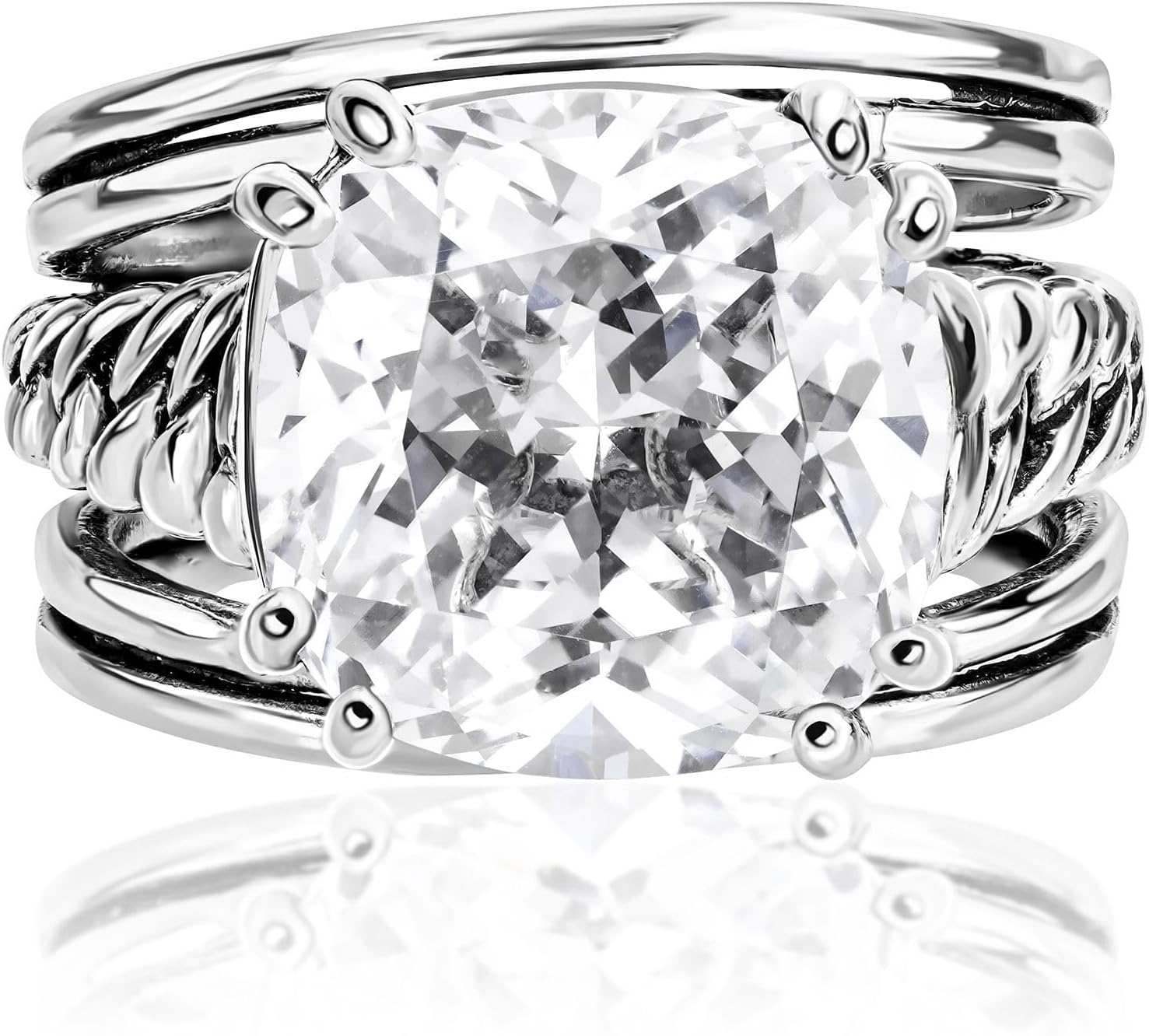 JEAN RACHEL JEWELRY 925 Sterling Silver Statement Ring with Cushion Shaped Cubic Zirconia - Curb Chain Vintage Design - Hypoallergenic Nickel & Lead-free - Artisan Handcrafted Designer Collection - Image 3