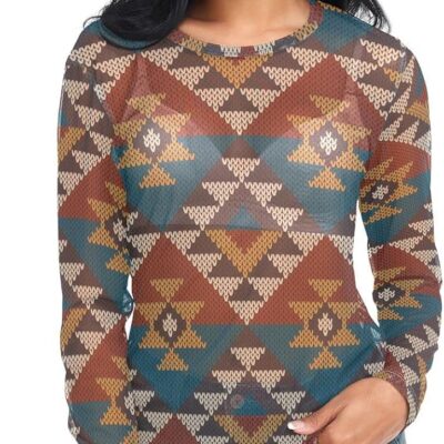 Glitter Teal Mermaid Scales Pattern Women See Through Mesh Top Long Sleeve Shirts O Neck Clubwear