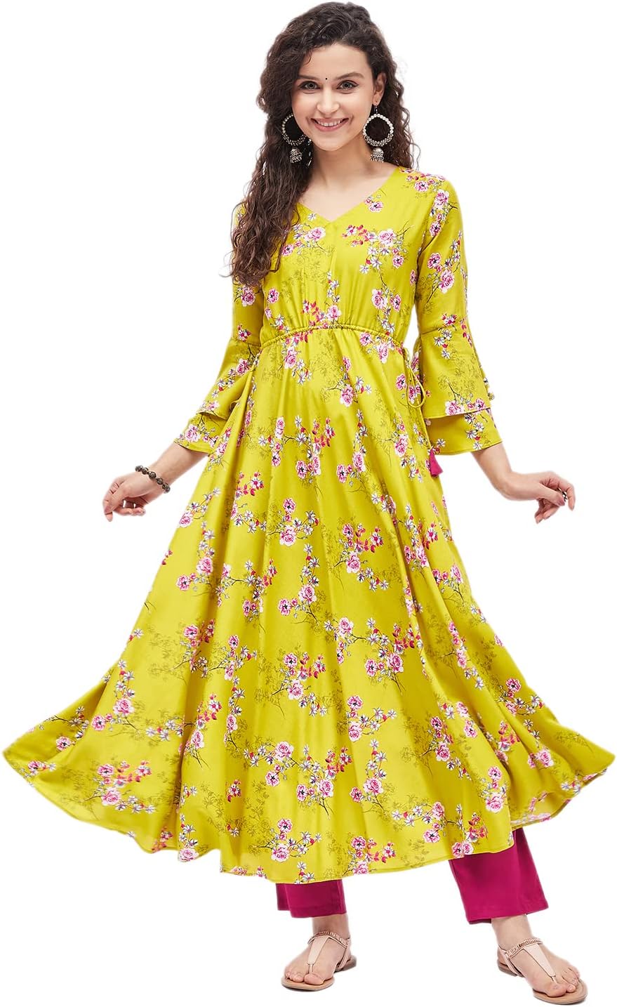 Tissu Women's Rayon Green & Rani Floral Printed Tie-up Kurta
