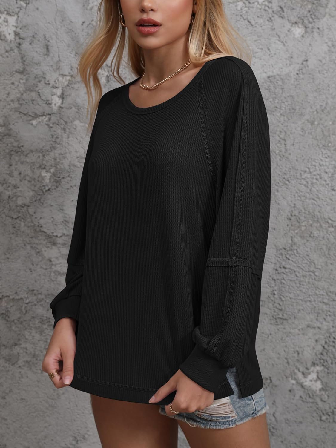 Womens Waffle Tunic Tops Puff Long Sleeve Shirt Loose Fit Casual Pullover Sweatshirt - Image 4