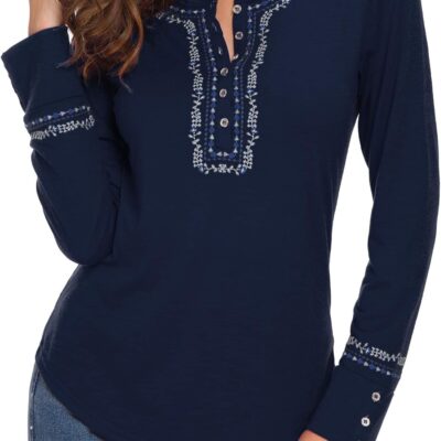 Urban CoCo Women's Long Sleeve Boho Shirt Embroidered Top