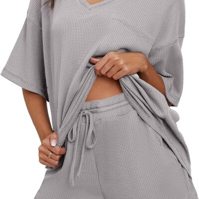 Dokotoo Women's 2 Piece Loungewear Sets Casual Short Sleeve Womens Tops Drawstring Shorts Pants Waffle Knit Sets
