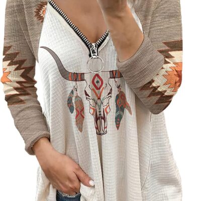 Western Aztec Print Long Sleeve Vintage Ethnic Style Shirts Casual Zipper V Neck Loose Tops Shirts for Lady