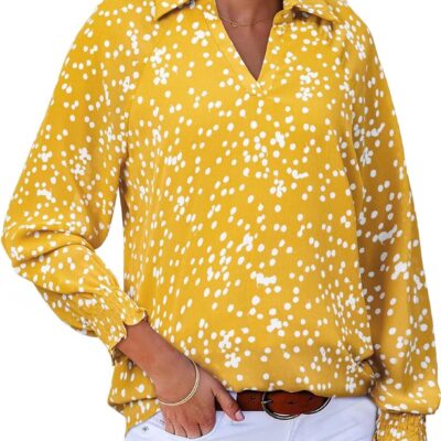 Astylish Women 2025 Casual Polka Dot Blouses Smocked Long Sleeve V Neck Collared Shirts Chiffon Bohemian Tops