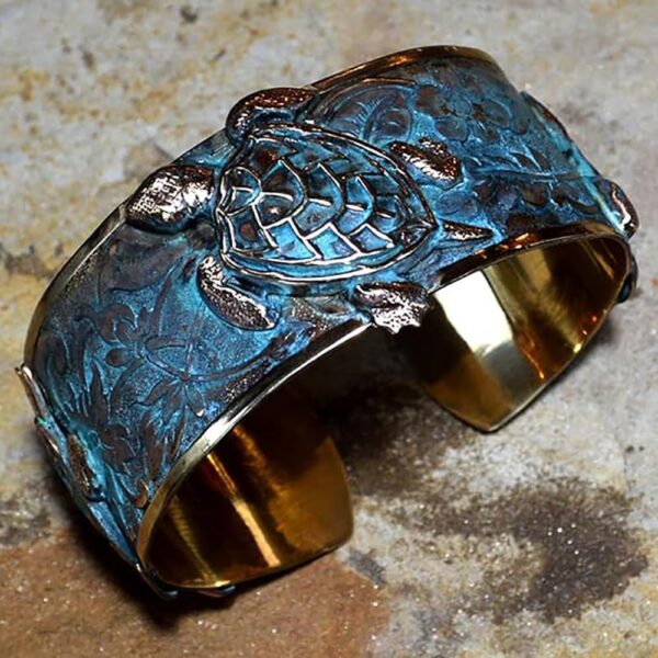 Verdigris Patina Solid Brass Classic Sea Turtle Cuff Bracelet by Elaine Coyne Made In USA - Image 3