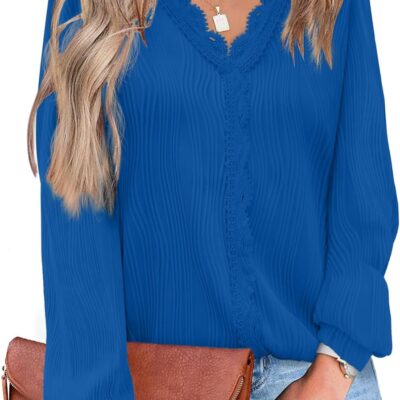 JUSTFASHIONNOW Blouses for Women Dressy Casual Lace V Neck Business Casual Work Tops Womens Long Sleeve Shirts Trendy Outfits
