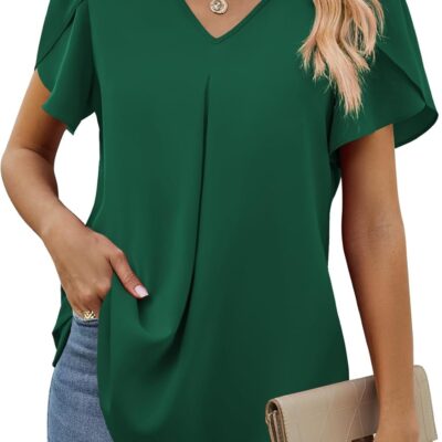 Funlingo Women's Summer Tops Short Sleeve Dressy Chiffon Blouses V Neck Work Tunic Tops Casual Loose T-Shirts