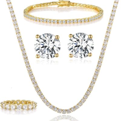 Gemsme 18K Yellow Gold Plated Tennis Necklace/Bracelet/Earrings/Band Ring Sets Pack of 4