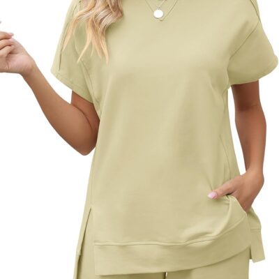 LOMON Womens Fashion 2 Piece Outfits Sweatsuits Short Sleeve Summer Loungewear Tracksuit Round Neck Lounge Shorts Sets