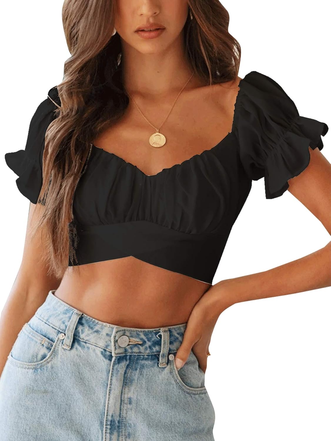LYANER Women's Ruffle Short Sleeve Tie Up Back Crop Top Off Shoulder Bardot Blouse