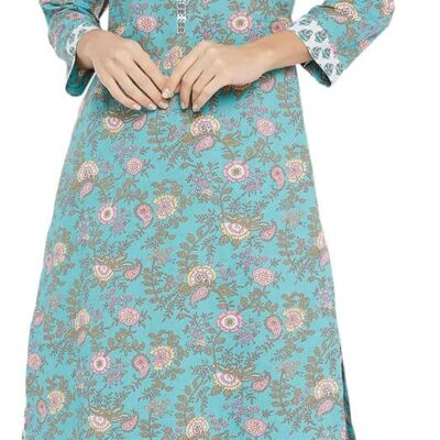Tissu Women's Cotton Sea Green & Pink Floral Printed Kurta with Palazzo