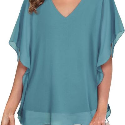 Lotusmile Women's Loose Flouncing Flutter Sleeve Double-Layered Shirt Chiffon Elegant Dressy Blouse Work Tops