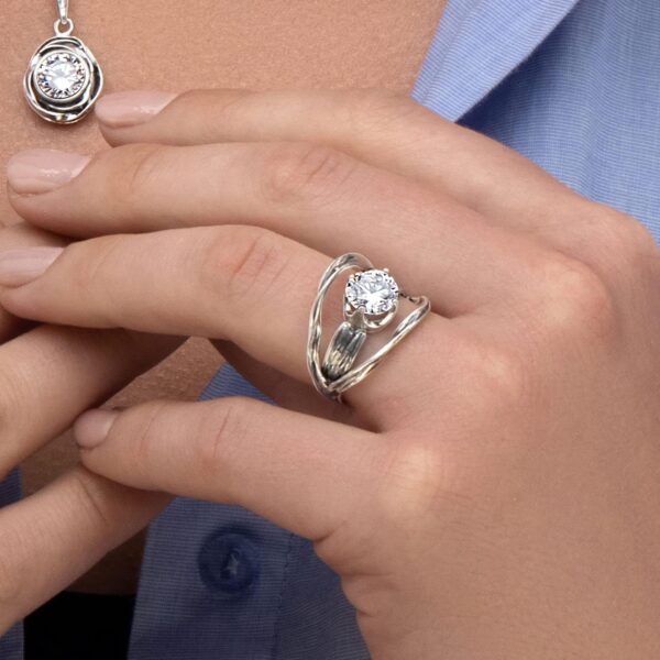 925 Sterling Silver Ring With A White Round Cubic Zirconia CZ Prong, Vintage Antique Look, Hypoallergenic, Nickel and Lead-free, Artisan Handcrafted Designer collection, Made In Israel - Image 2