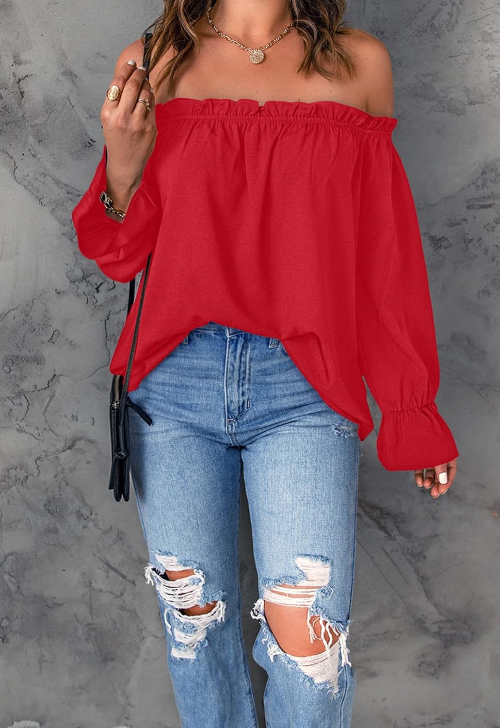 Women's Off Shoulder Top Ruffle Long Sleeve Chiffon Blouse Casual Loose Shirts - Image 3