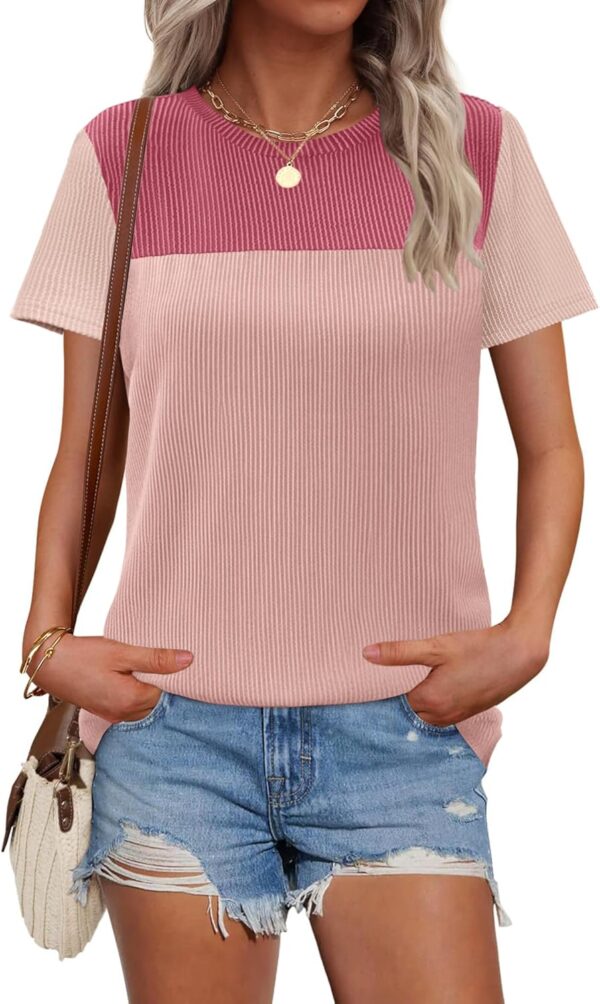 Zeagoo Womens Casual Shirts Color Block Tops Short Sleeve T Shirts Crewneck Knitted Summer Loose Blouses Tops - Image 4