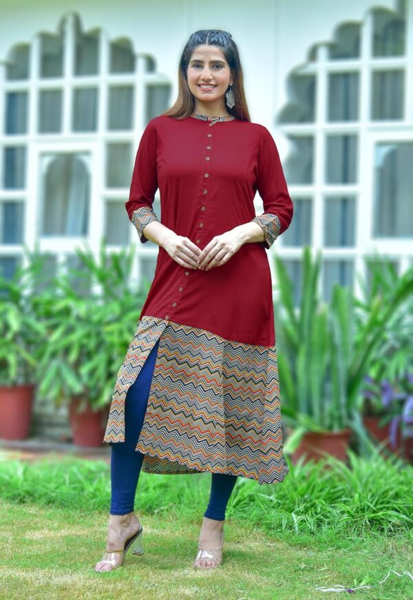 Yash Gallery Women's Rayon & Cotton Cambric Zig-Zag Print A-Line Kurta - Image 3
