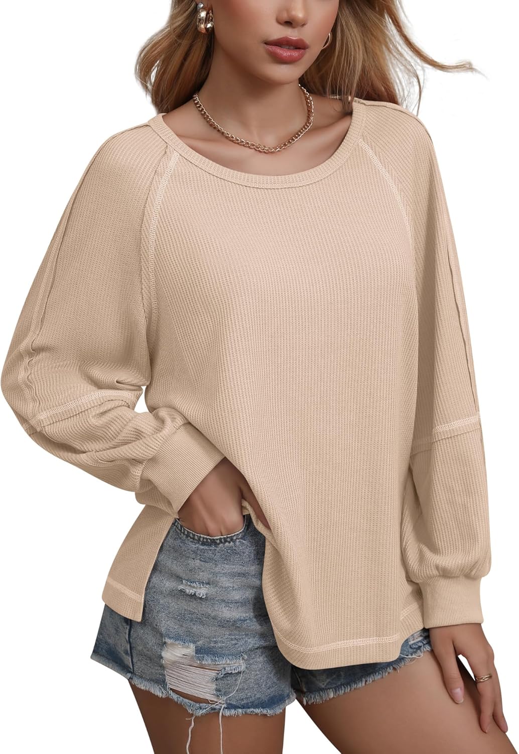 Womens Waffle Tunic Tops Puff Long Sleeve Shirt Loose Fit Casual Pullover Sweatshirt