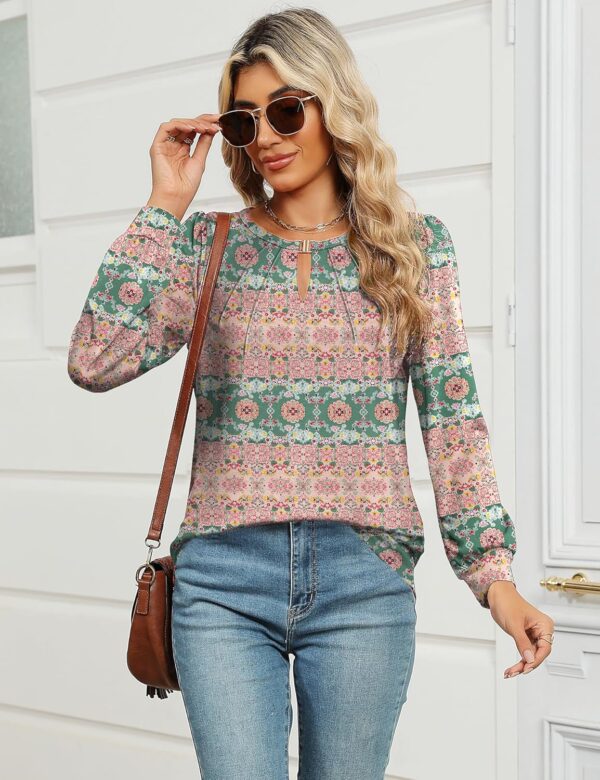 AKEWEI Womens Fall Long Sleeve Tops Work Casual Dressy Shirts for Women Keyhole Pleated Puff Sleeve Blouse - Image 2