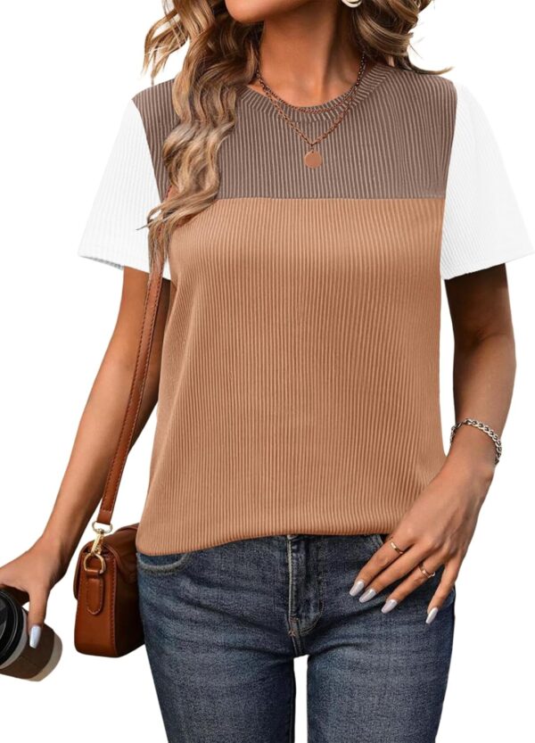 Zeagoo Womens Casual Shirts Color Block Tops Short Sleeve T Shirts Crewneck Knitted Summer Loose Blouses Tops - Image 2