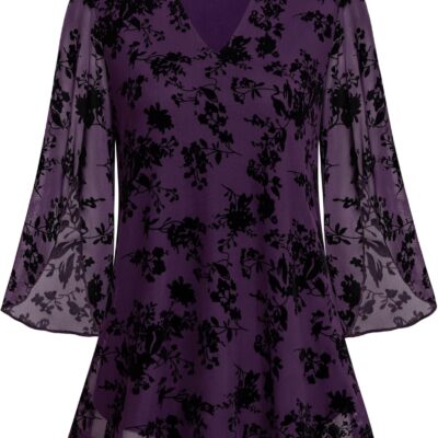 VALOLIA Women's 3/4 Sleeve Floral Tunic Tops V Neck Double Layers Loose Fit Mesh Blouses Shirt