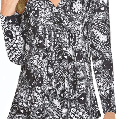 Halife Women's Floral Printed Long Sleeve Henley Shirts V Neck Pleated Casual Flare Tunic Blouse Tops