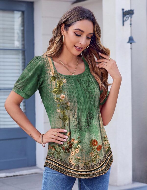 Zeagoo Womens Summer Tops Casual Puff Short Sleeve T Shirts Floral/Solid Pleated Tunics Square Neck Work Blouse - Image 2