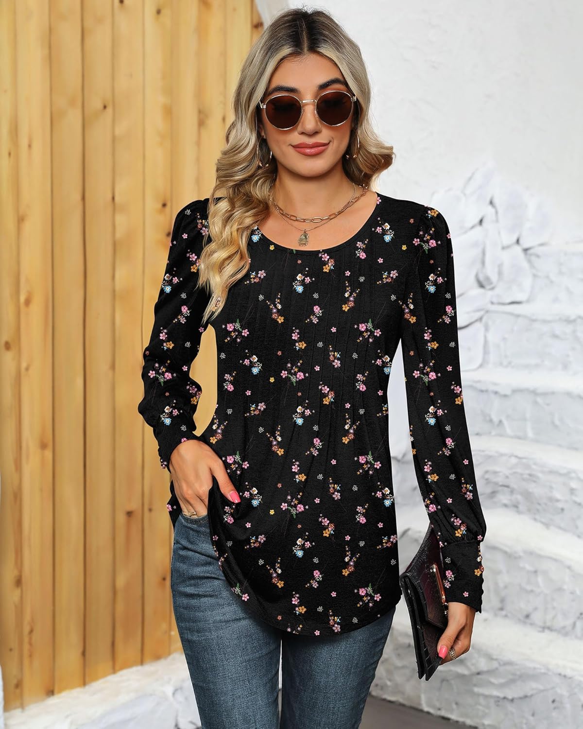 Ficerd Women's Puff Long Sleeve Tunic Tops Pleated Crew Neck Blouses Dressy Casual Loose Fit Winter and Spring Shirts - Image 5