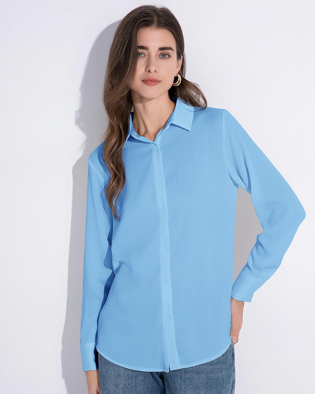 Women's Button Down Shirt Textured Chiffon Blouse Classic Collared Top Casual Work Office Blouse - Image 2