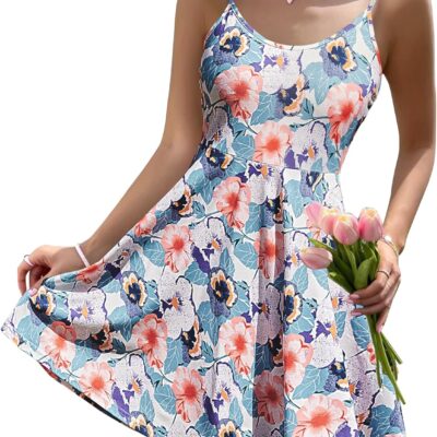 HOTOUCH Women's Summer Dress Adjustable Spaghetti Strap Floral Mini Casual Dress with Pockets Fit & Flare Beach Sundress
