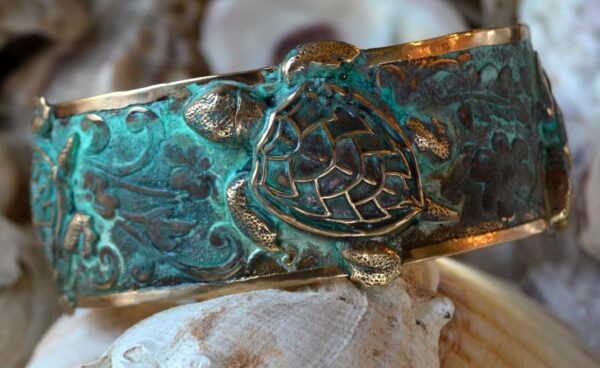 Verdigris Patina Solid Brass Classic Sea Turtle Cuff Bracelet by Elaine Coyne Made In USA - Image 5