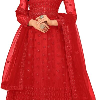 Indian Pakistani Women's Net with Heavy Embroidery Work Long Anarkali Gown Lehenga Choli Salwar Suit Kameez