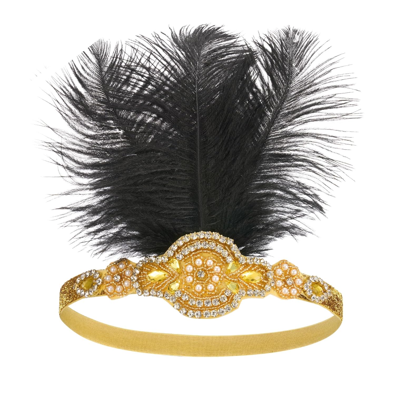 SWEETV 1920s Headpiece Flapper Headband, Feather Rhinestone Roaring 20s Great Gatsby Hair Accessories for Women,Yellow - Image 5