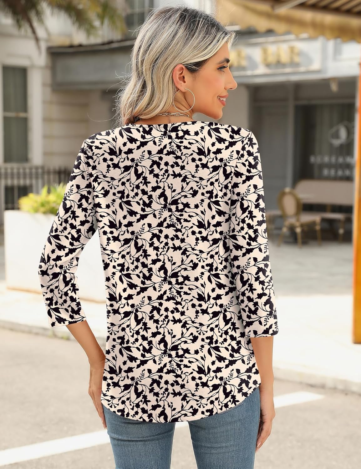 Romanstii 3/4 Length Sleeve Womens Tops Keyhole Crewneck Shirts Business Dressy Casual Tunic Blouses Summer Basic Tees - Image 2