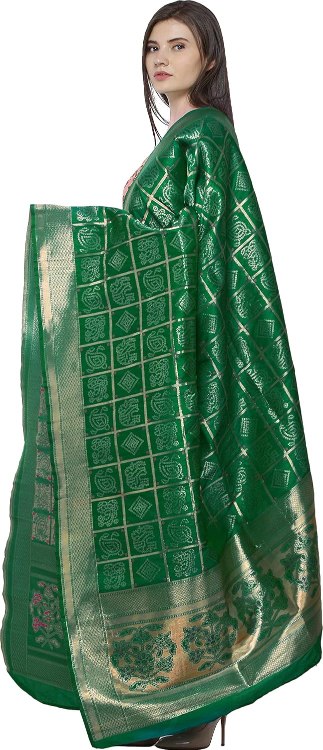 Exotic India Bandhani Gharchola Dupatta with Zari Weave and Brocaded Border - Art Silk - Image 2