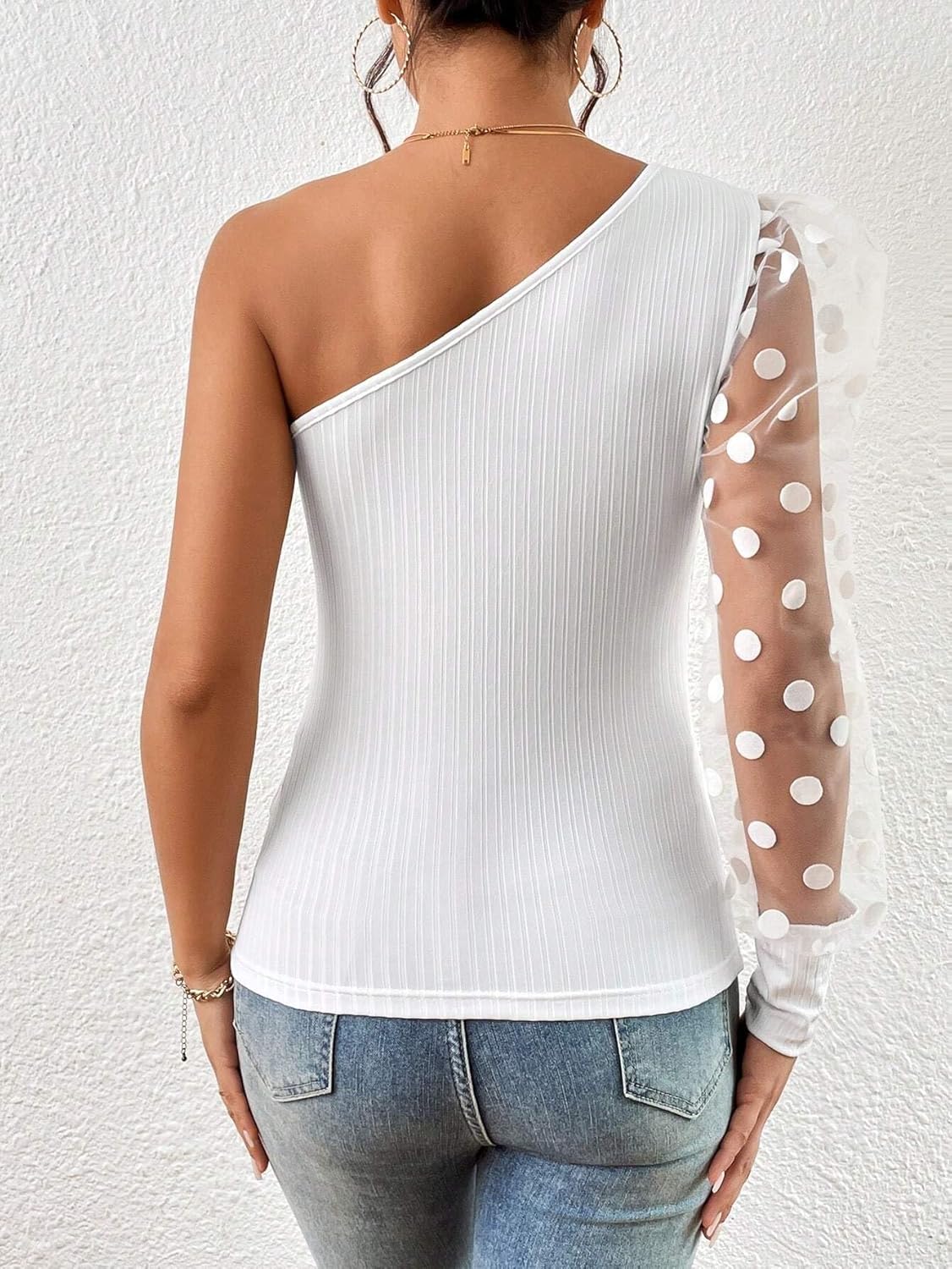 Women's Mesh One Shoulder Tops Ribbed Puff Long Sleeve Slim Fit Solid Casual Blouses Shirts - Image 2