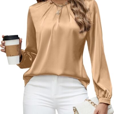 Blooming Jelly Womens Dressy Business Casual Blouse Pleated Long Sleeve Tops Satin Silk Work Shirt Fall Outfits 2024